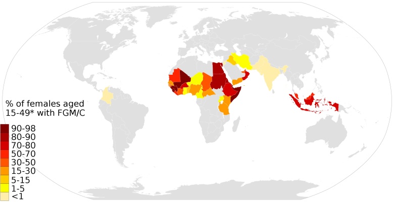 Kraje, gdzie wykonuje się zabieg obrzezania kobiet (Klitoridektomia), UNICEF, 2016, dotyczą grupy wiekowej 15-49