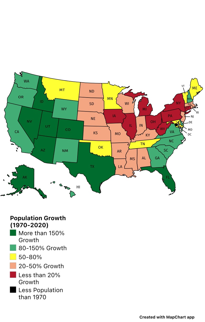 Wzrost populacji USA od 1950 roku do 2020