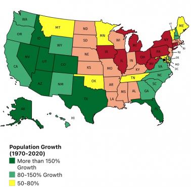 Wzrost populacji USA od 1950 roku do 2020