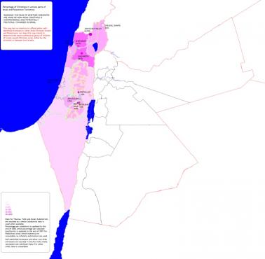 Odsetek chrześcijan (pozostałości) w różnych częściach Izraela i terytoriów palestyńskich