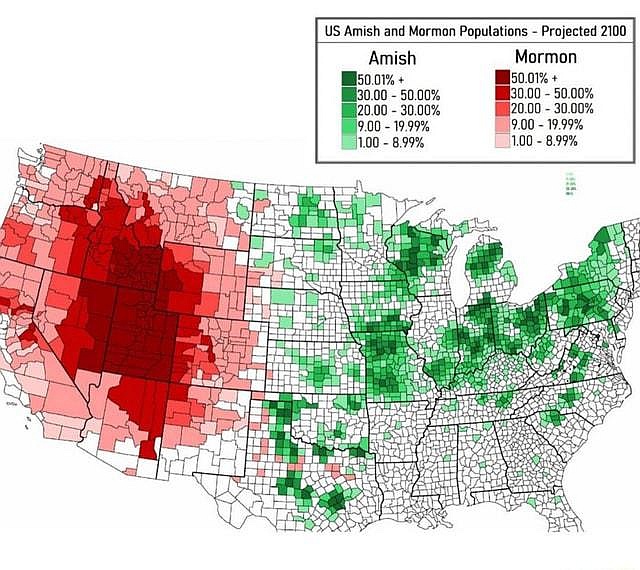 Populacja amiszów i mormonów w USA w 2100 r. (prognoza) według hrabstw