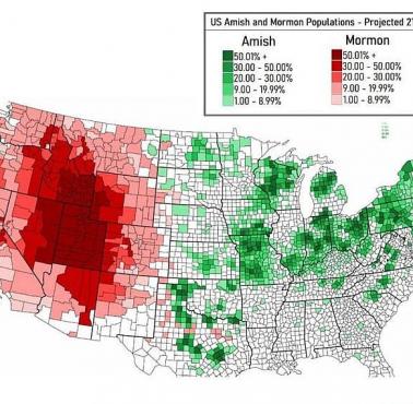 Populacja amiszów i mormonów w USA w 2100 r. (prognoza) według hrabstw