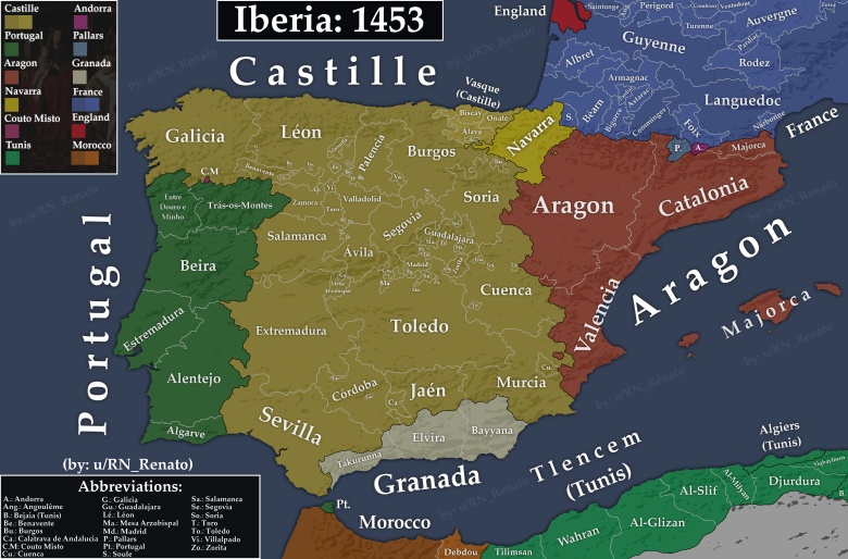 Polityczna mapa Półwyspu Iberyjskiego z 1453 roku