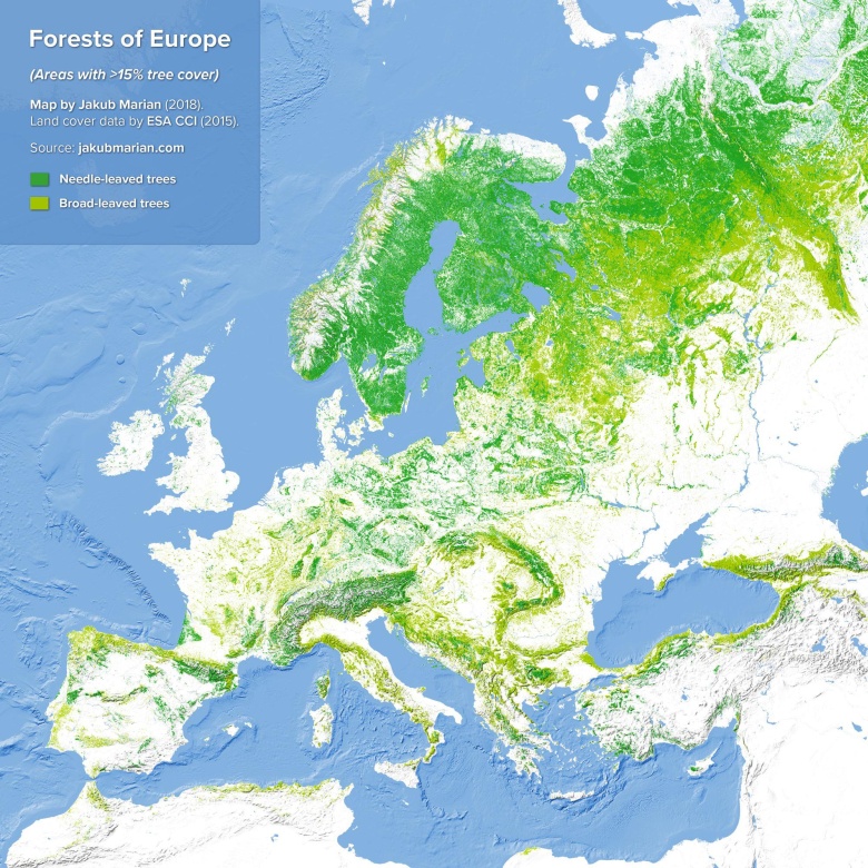Zalesienie (lesistość) Europy, 2015, 2018
