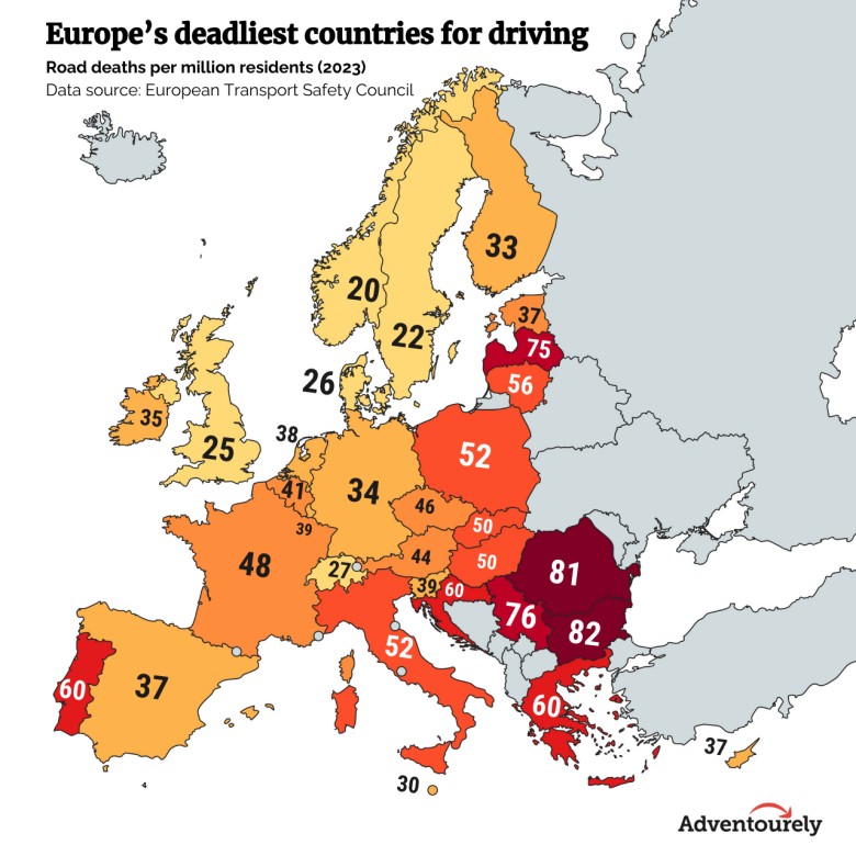 Wypadki śmiertelne na drogach (na 1 mln mieszkańców) w Europie, 2023