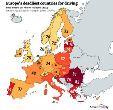 Wypadki śmiertelne na drogach (na 1 mln mieszkańców) w Europie, 2023