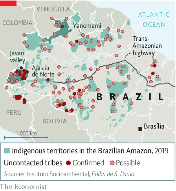 Mapa z naniesionymi miejscami Amazonii, gdzie znajdują się plemiona całkowicie odizolowane od świata, 2019