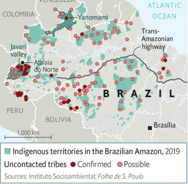 Mapa z naniesionymi miejscami Amazonii, gdzie znajdują się plemiona całkowicie odizolowane od świata, 2019