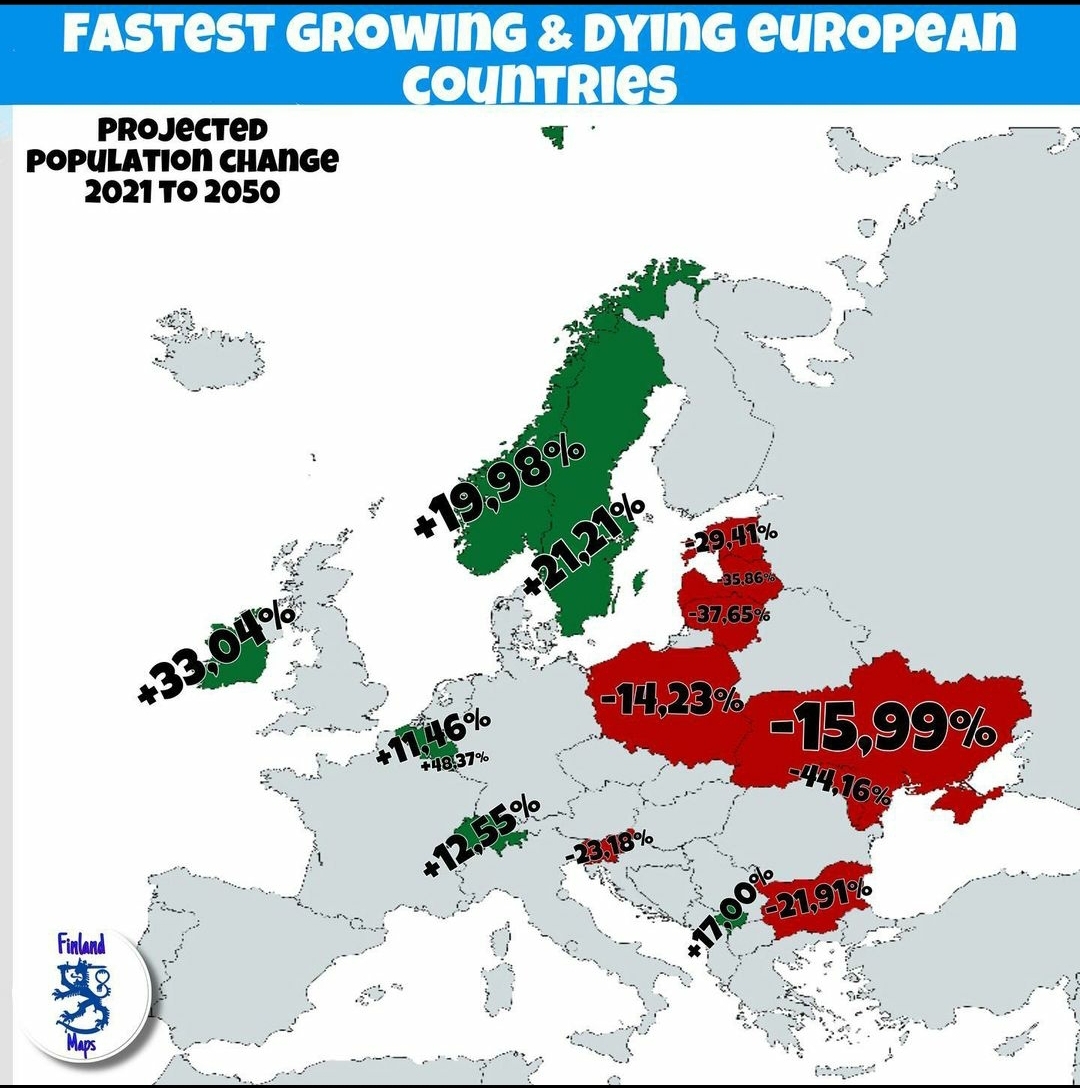 Kraje z najszybszą depopulacją (wymierające) w Europie, 2021 - prognoza na 2050