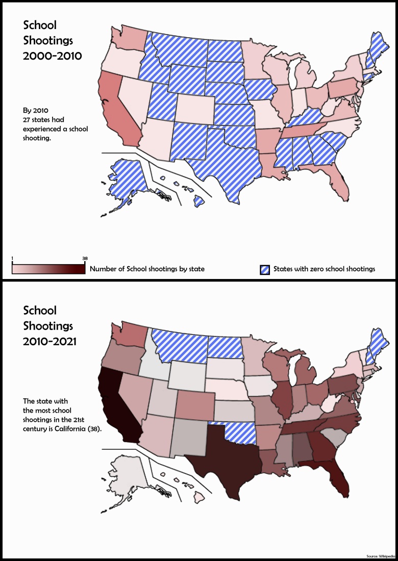 Strzelaniny w szkołach w USA z podziałem na stany, 2000-2010