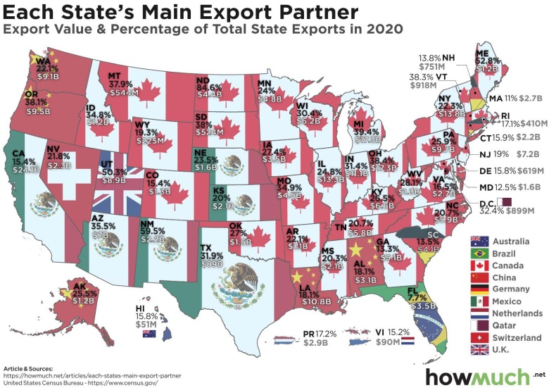 Główny produkt eksportowy w poszczególnych stanach USA, 2020