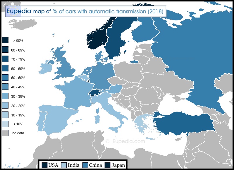 Odsetek samochodów sprzedanych w Europie z automatyczną skrzynią biegów w 2018 roku