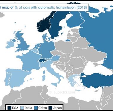Odsetek samochodów sprzedanych w Europie z automatyczną skrzynią biegów w 2018 roku