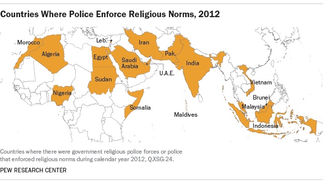 Kraje, w których policja egzekwuje normy religijne, 2012