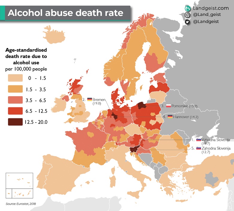 Wskaźniki śmiertelności z powodu przedawkowania alkoholu na 100 tys. mieszkańców w Europie, 2018