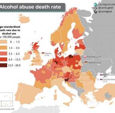 Wskaźniki śmiertelności z powodu przedawkowania alkoholu na 100 tys. mieszkańców w Europie, 2018