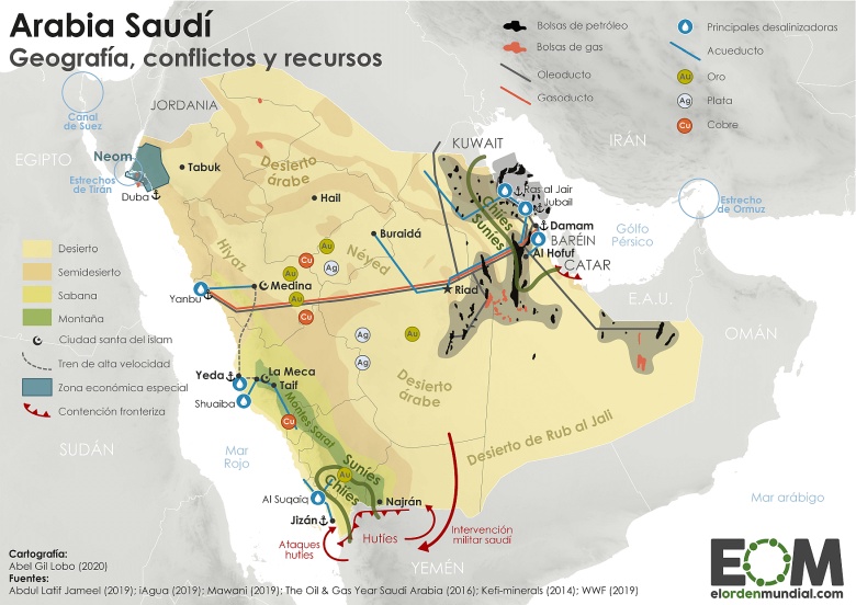 Geopolityka Arabii Saudyjskiej: zasoby, rurociągi, pola ropy naftowej, gazowe, porty ... 2020