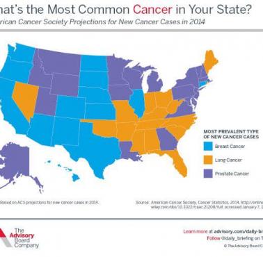 Najczęstsze rodzaje nowotworów w poszczególnych stanach USA, 2014