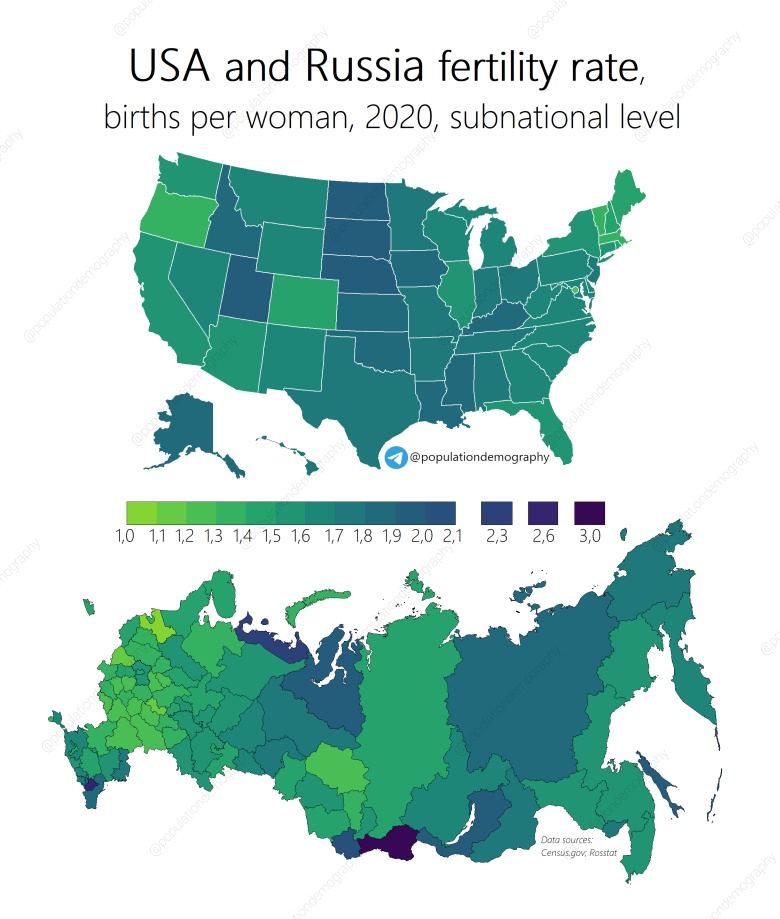 Współczynnik dzietności (liczba urodzeń na kobietę) Rosji i USA, 2020 r.