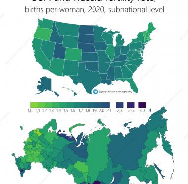 Współczynnik dzietności (liczba urodzeń na kobietę) Rosji i USA, 2020 r.