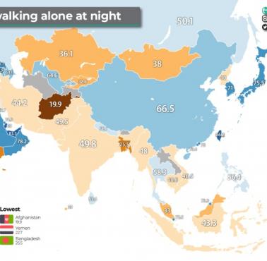 Odsetek osób, która nie boi się chodzić samotnie nocą w Azji, 2021