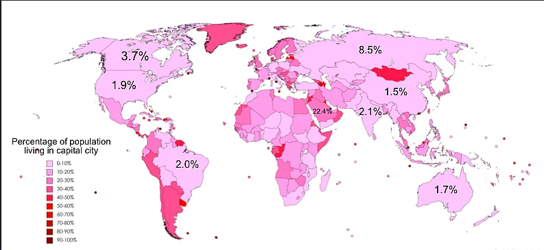 Odsetek ludności w poszczególnych państwach świata, która mieszka w obszarze metropolitalnym stolicy