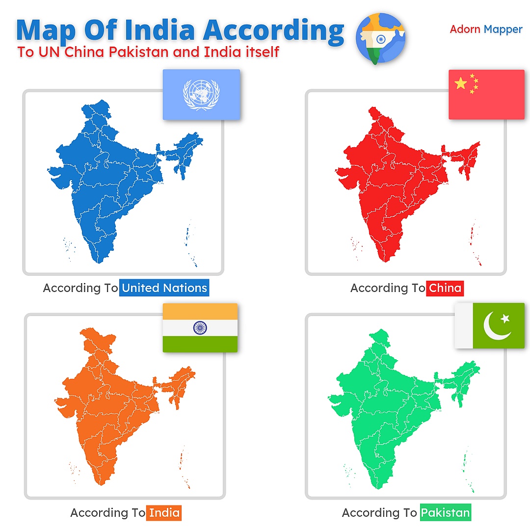 Granice Indii według ONZ, Pakistanu, Chin i samych Indii