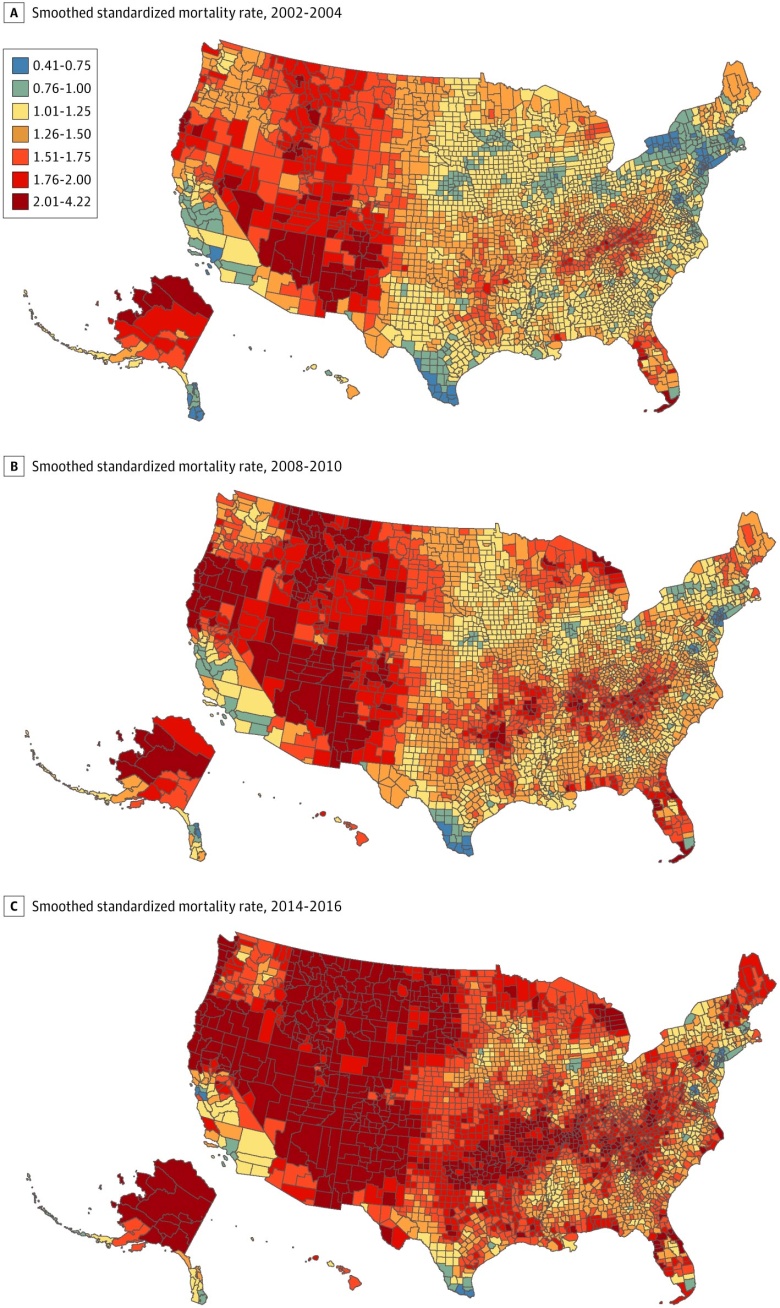 Wskaźnik samobójstw w USA według powiatów, 2002-2016. Wyraźny wzrost na obszarach wiejskich