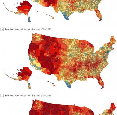 Wskaźnik samobójstw w USA według powiatów, 2002-2016. Wyraźny wzrost na obszarach wiejskich