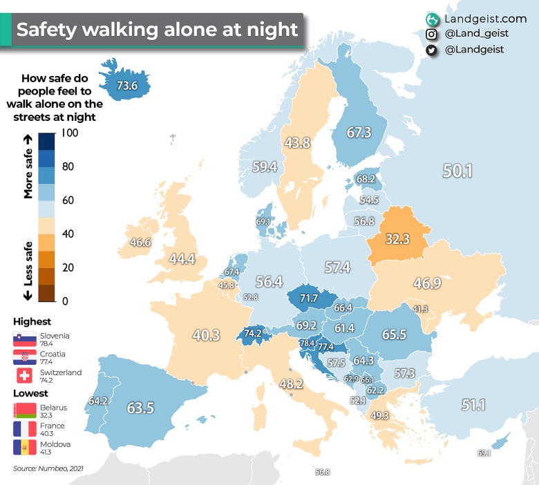 Odsetek osób, która nie boi się chodzić samotnie nocą w Europie, 2021