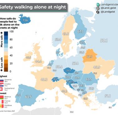 Odsetek osób, która nie boi się chodzić samotnie nocą w Europie, 2021