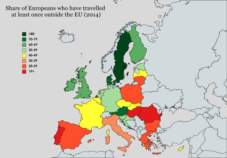Odsetek Europejczyków, którzy przynajmniej raz wyjechali poza Unię, 2014
