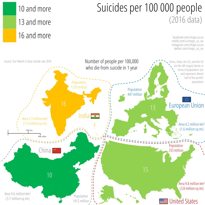 Wskaźnik samobójstw na 100 tys. mieszkańców w UE, USA, Chinach, Indiach, 2016