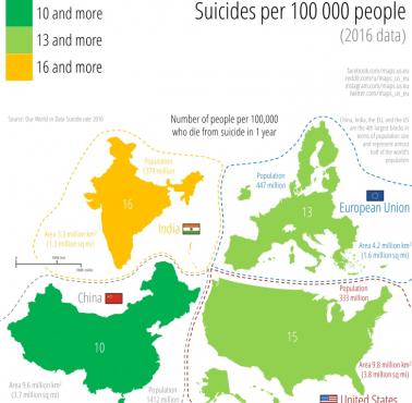 Wskaźnik samobójstw na 100 tys. mieszkańców w UE, USA, Chinach, Indiach, 2016