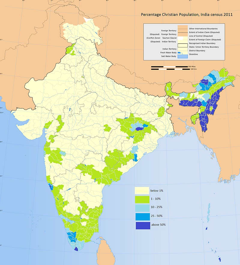 Odsetek chrześcijan w Indiach (z podziałem na dystrykty), 2011