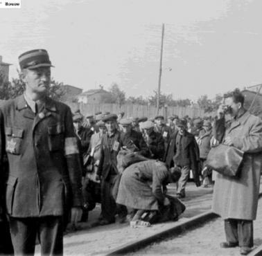 Na zdjęciu członek "Jüdischer Ordnungsdienst" o nazwisku Śmietana eskortuje swoich braci na śmierć do Auschwitz