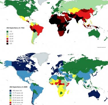 Oczekiwana długość życia na świecie w 1965 i 2020 roku