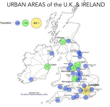 Najbardziej zurbanizowane obszary Wysp Brytyjskich. Populacja miast w Wielkiej Brytanii i Irlandii