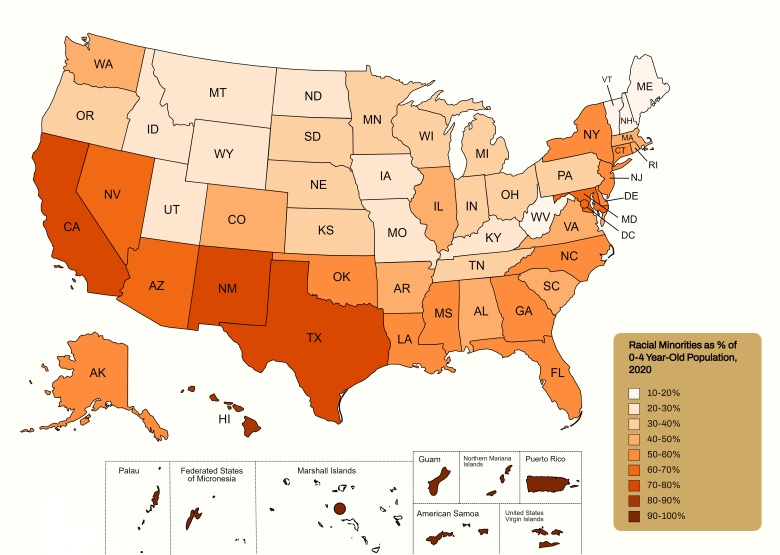 Mniejszości rasowe jako odsetek populacji w wieku 0-4 lata w USA (wraz z wyspami), 2020