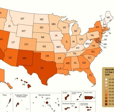 Mniejszości rasowe jako odsetek populacji w wieku 0-4 lata w USA (wraz z wyspami), 2020