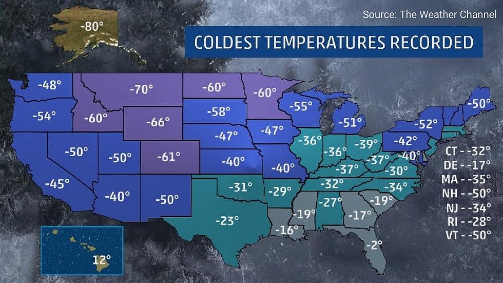 Najzimniejsza temperatura zarejestrowana w poszczególnych stanach USA