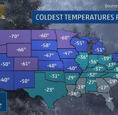 Najzimniejsza temperatura zarejestrowana w poszczególnych stanach USA