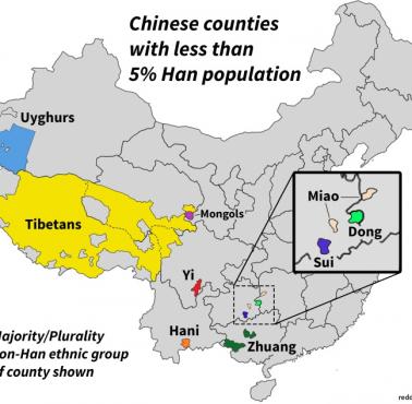 Obszary w Państwie Środka, gdzie Chińczyków Han jest mniej niż 5 proc. w populacji powiatu