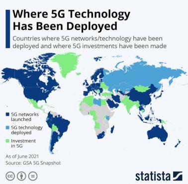 Gdzie wdrożono technologię 5G, czerwiec 2021