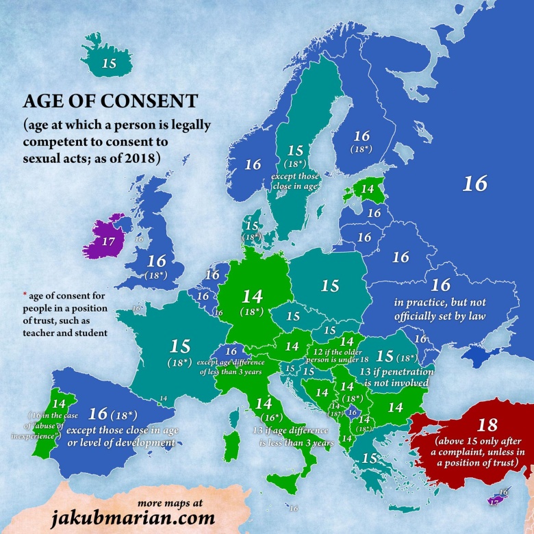 Wiek zgody (wyrażenia ważnej prawnie zgody na czynności seksualne) w poszczególnych krajach Europy, 2018