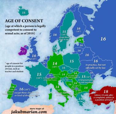 Wiek zgody (wyrażenia ważnej prawnie zgody na czynności seksualne) w poszczególnych krajach Europy, 2018