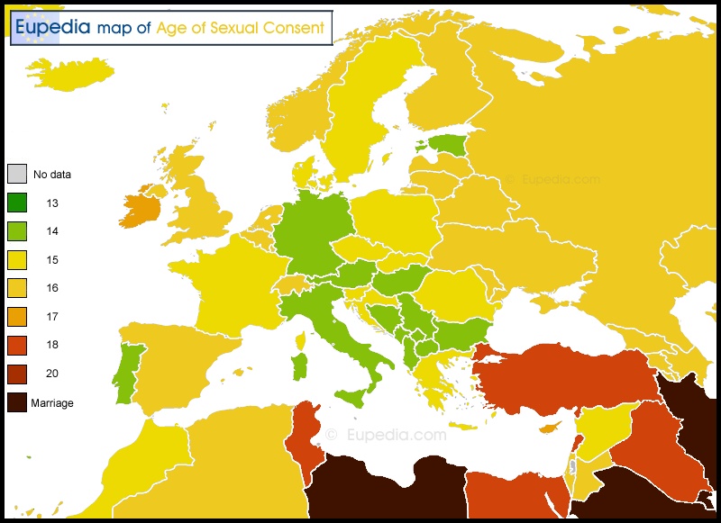 Wiek zgody (wyrażenia ważnej prawnie zgody na czynności seksualne) w poszczególnych krajach Europy, 2019