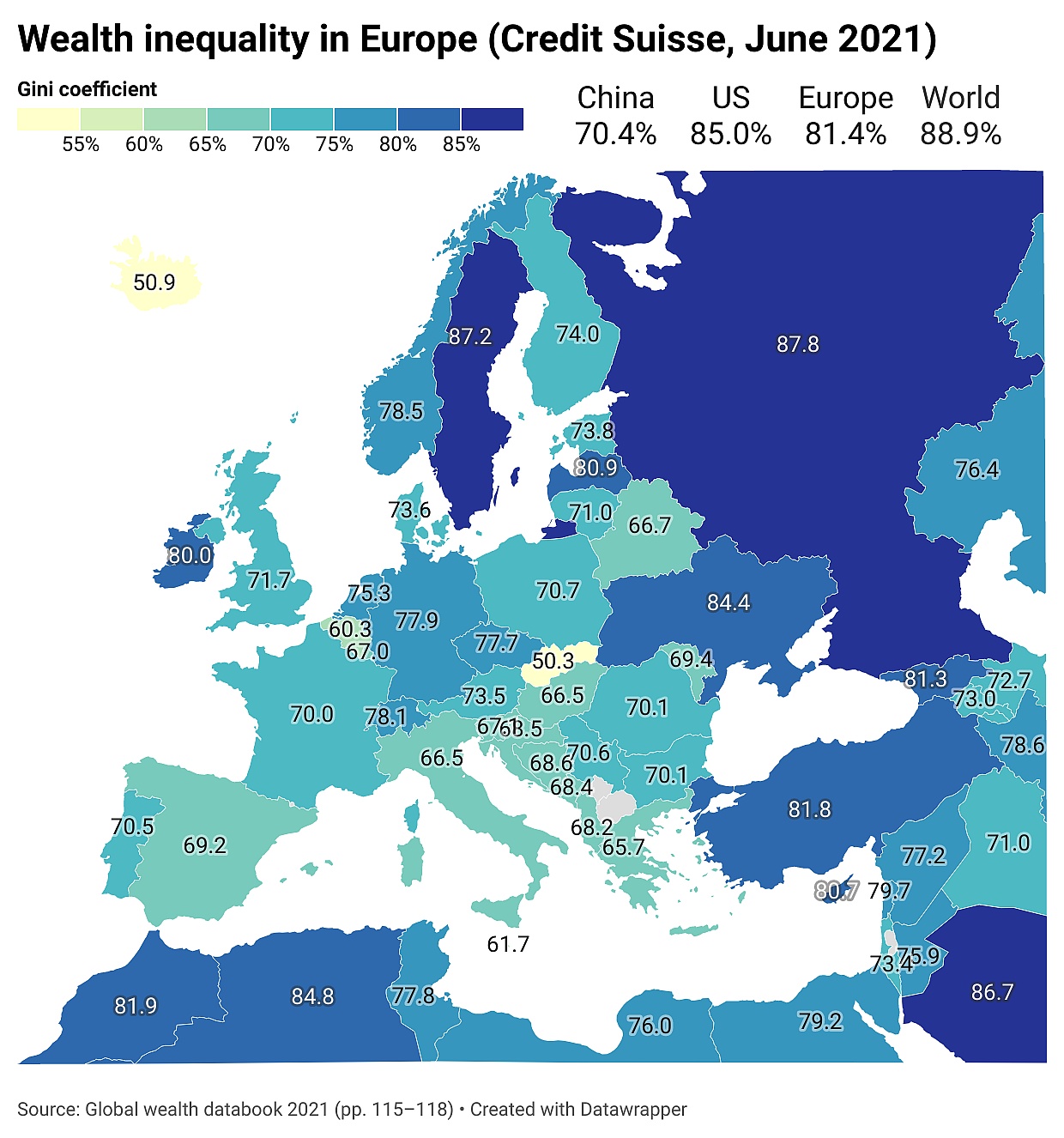 Współczynnik nierówności majątkowych w Europie, Credit Suisse, czerwiec 2021