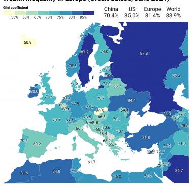 Współczynnik nierówności majątkowych w Europie, Credit Suisse, czerwiec 2021