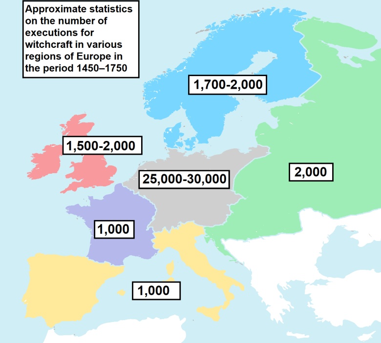 Liczba procesów sądowych czarownic zakończony wyrokiem śmierci w krajach zachodnich między 1300 a 1850 rokiem